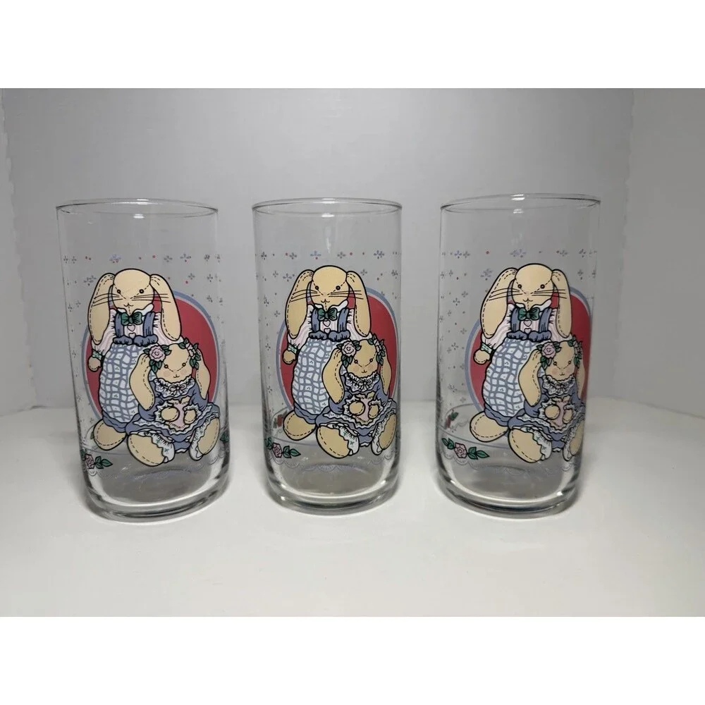 VTG‎ B&D Country Bunny Glass Tumblers Set of 7 - 1990s Cottagecore Rabbit Glass